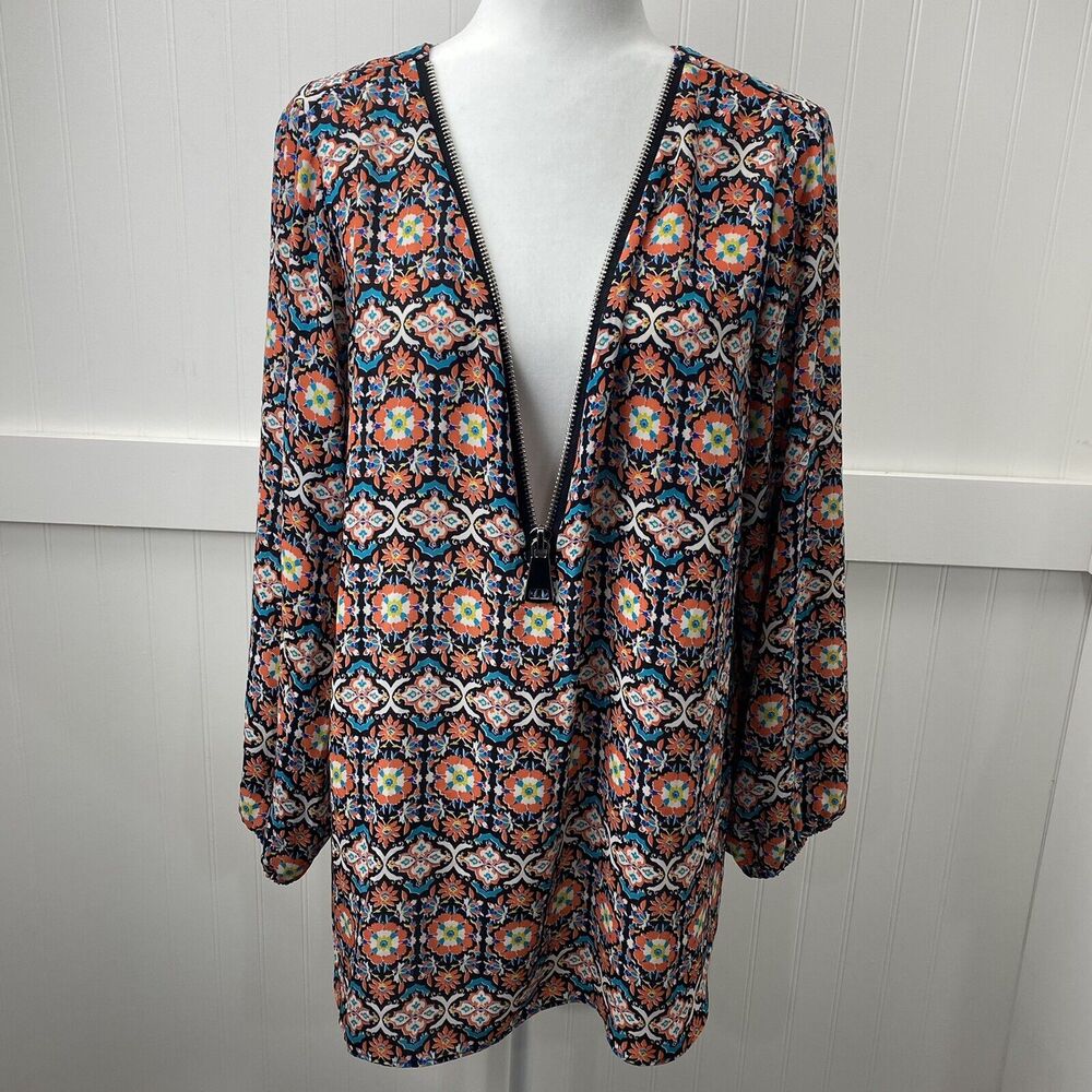 Boho Tunic Top Zac & Rachel 1X Orange Teal Multicolor Pattern Zip Neckline - Picture 3 of 12